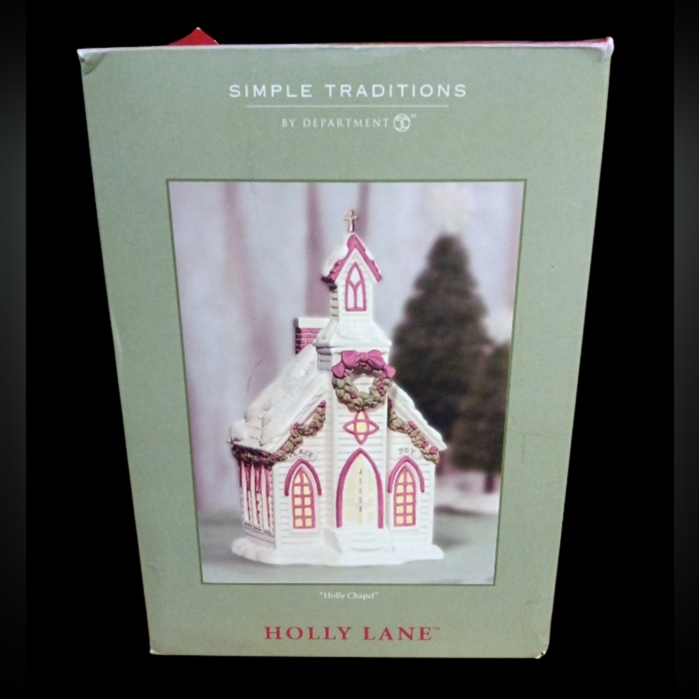 2002 Department 56 Holly Lane White and Red Chapel 9"T 4.5"W LIGHTED Open Box